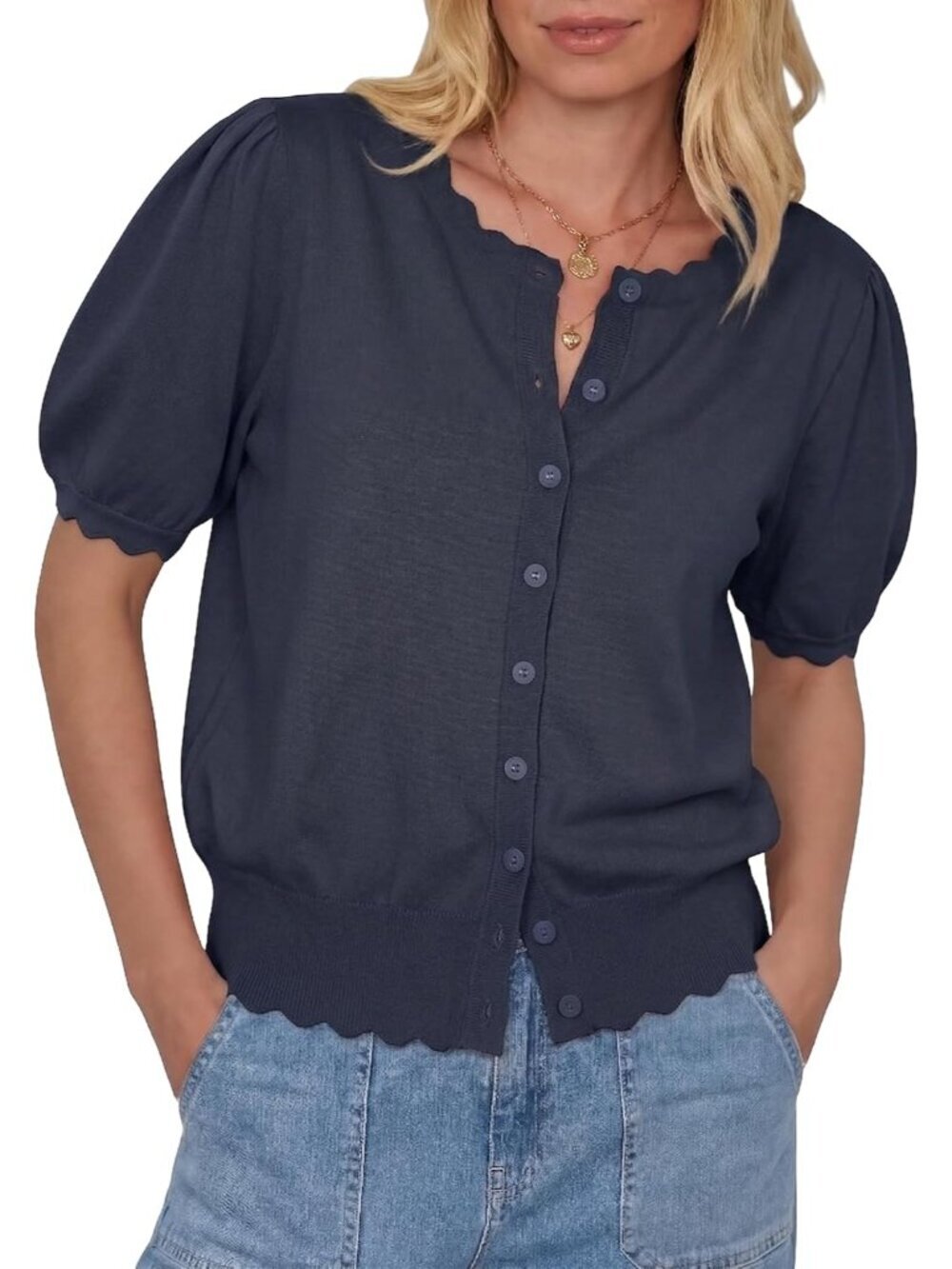 Women's Navy Blue Short Sleeve Crew Neck Button Up Imported Sweaters Cardigan